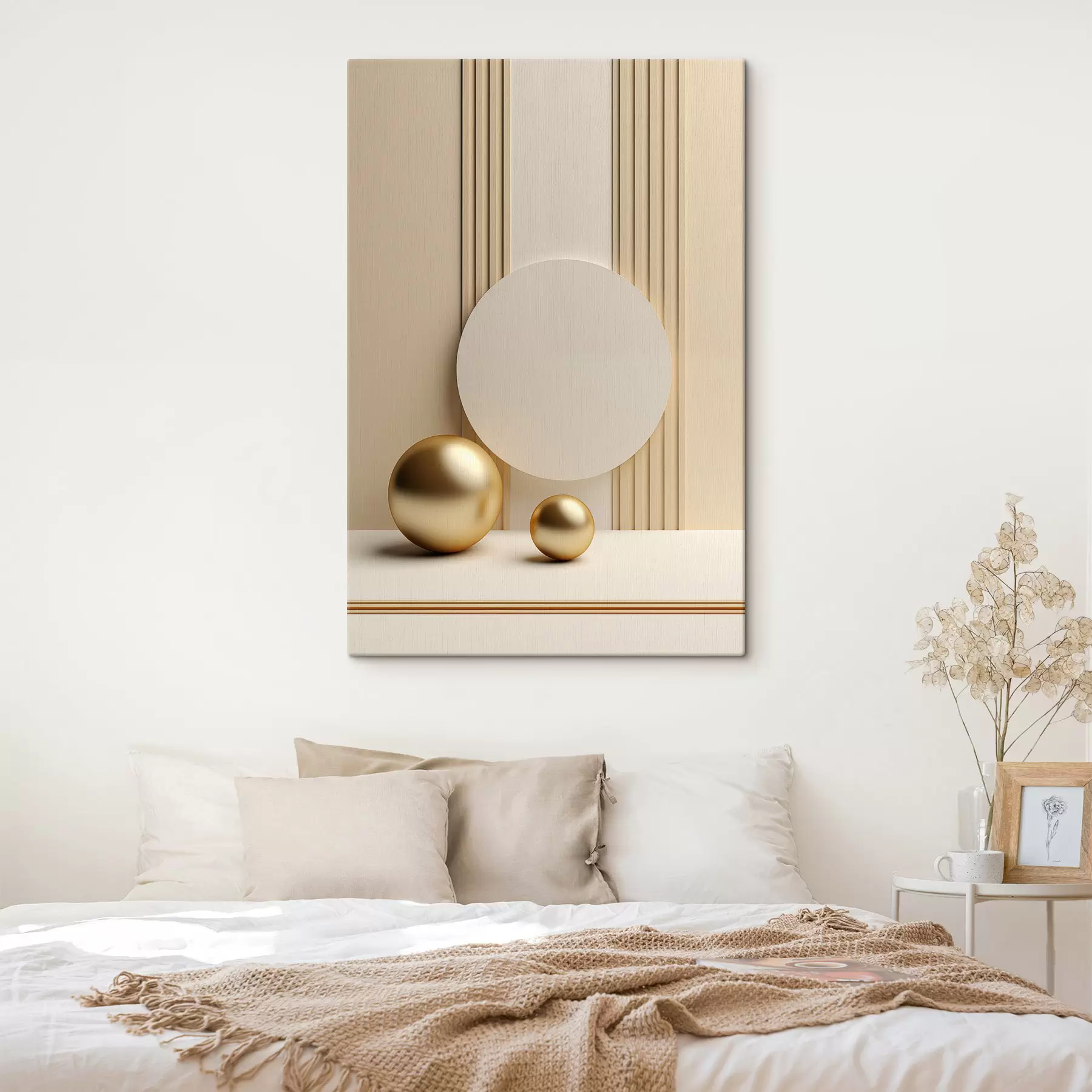 Fototapete Abstrakte beige moderne Kunst mit vertikalen Linien und Kugeln s47872
