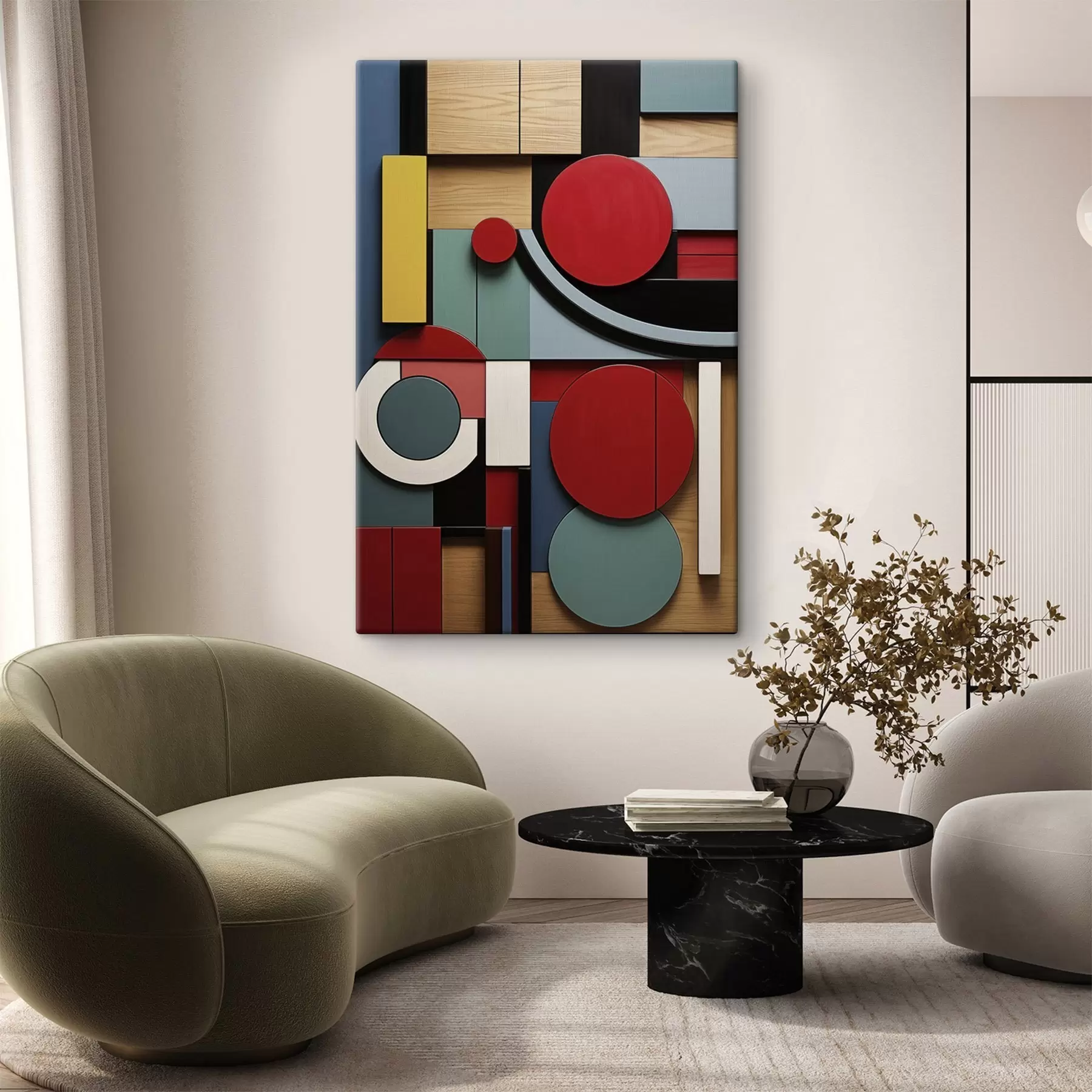 Fototapete Abstrakte geometrische Komposition mit Holzstrukturimitation, roten, schwarzen, weißen und blaugrünen Rechtecken und Kreisen s47876