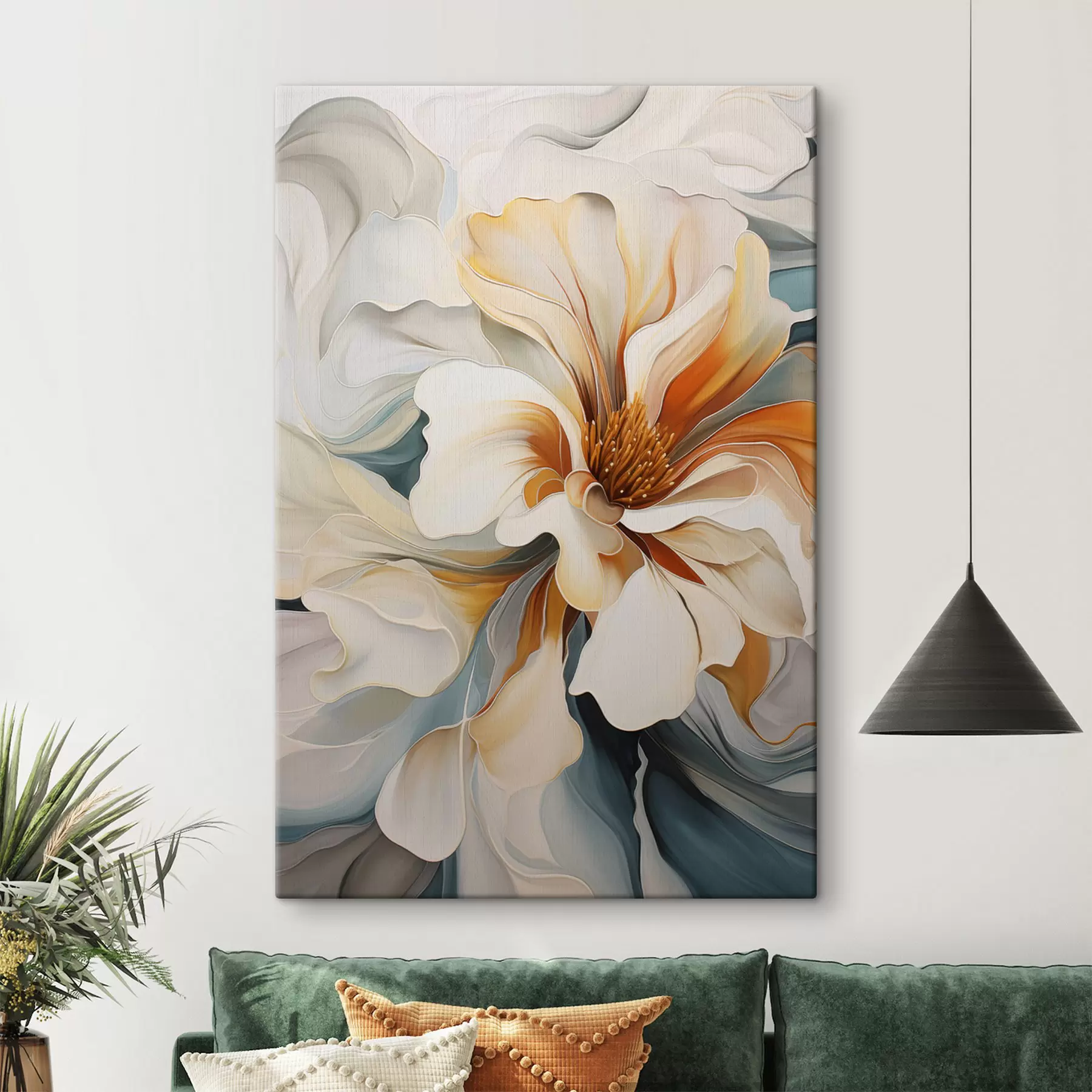 Fototapete Abstrakte große Blume mit weißen, orangefarbenen und blaugrünen Blütenblättern, strukturierter Hintergrund s47877