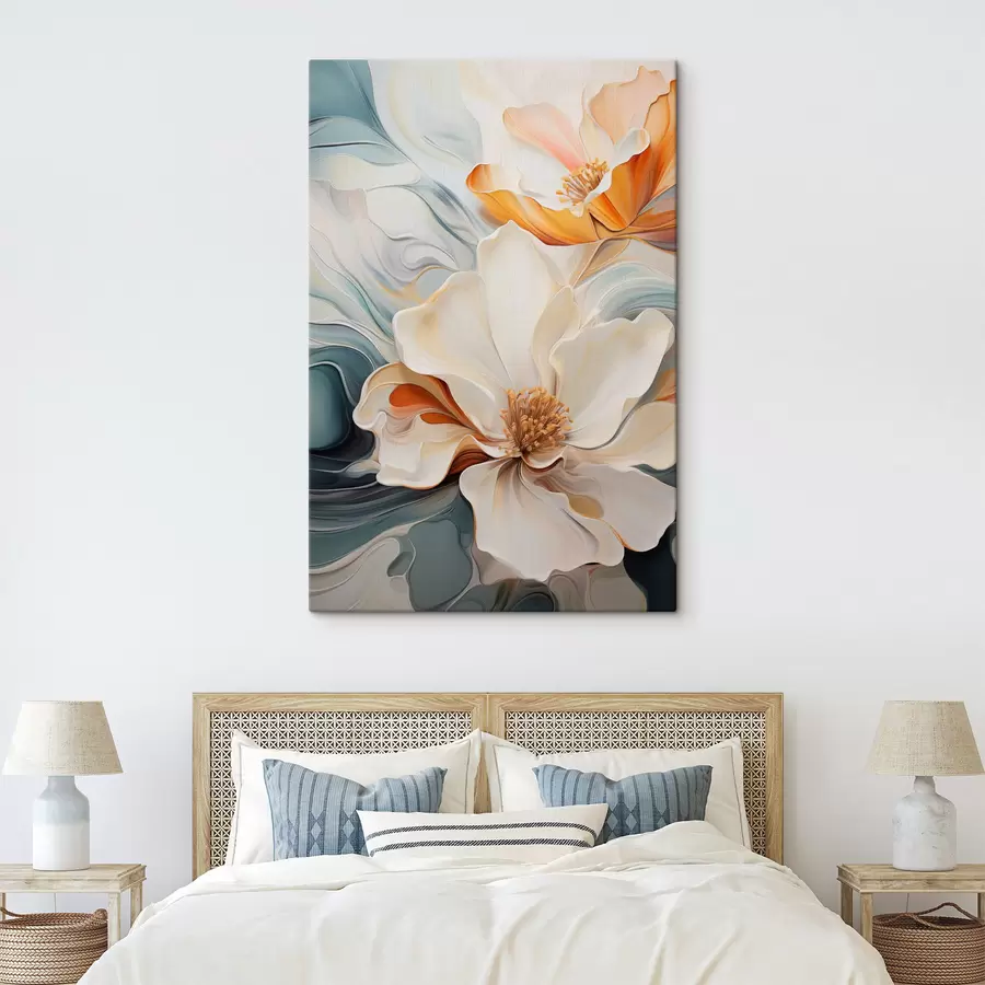 Fototapete Abstrakte große Blume mit weißen, orangefarbenen und blaugrünen Blütenblättern, strukturierter Hintergrund s47878