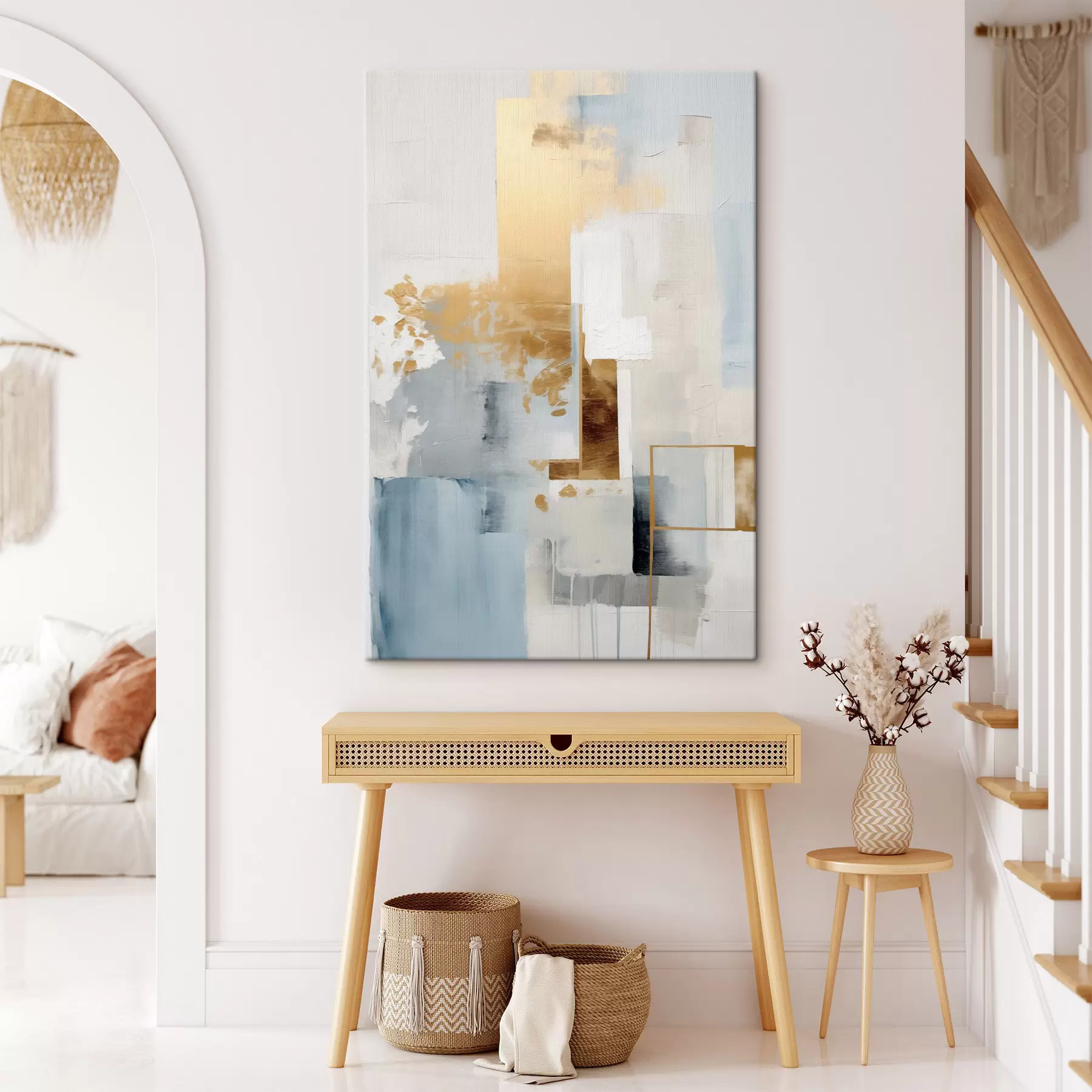 Fototapete Abstrakte geometrische Formen in Gelb, Blau und Weiß, strukturierte und minimalistische Komposition s47881