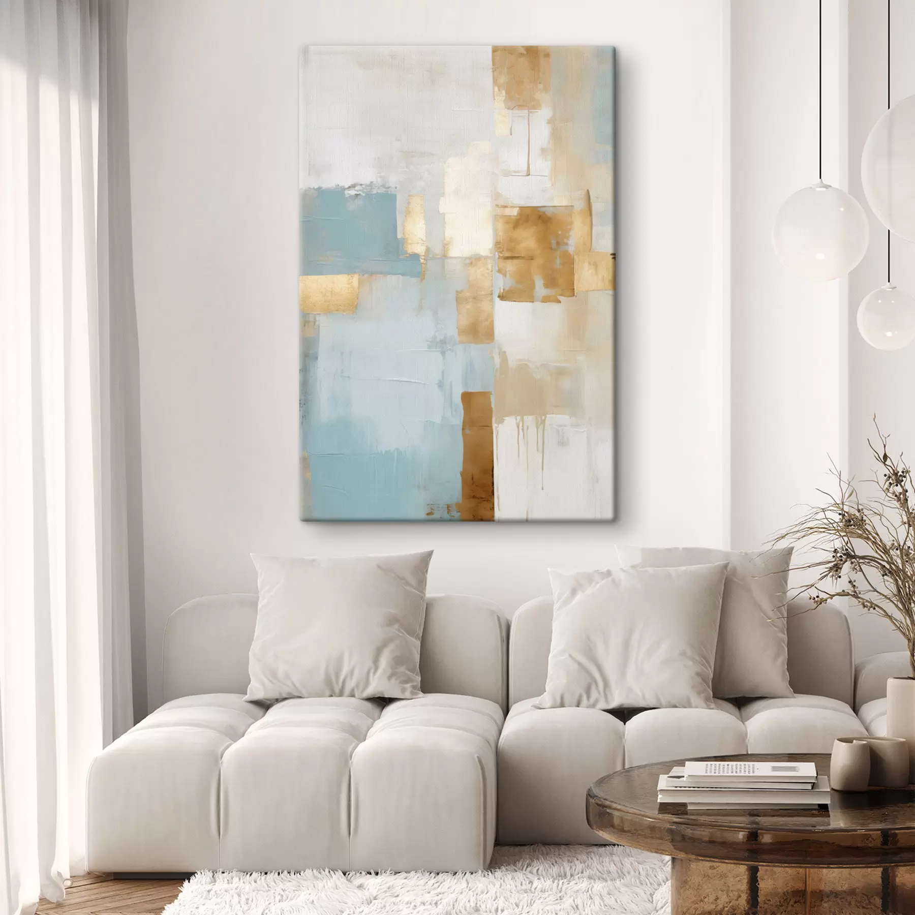 Fototapete Abstrakte geometrische Formen in Gelb, Blau und Weiß, strukturierte und minimalistische Komposition s47882