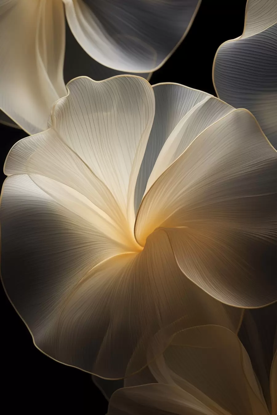 Fototapete Abstrakte, fließende, durchscheinende Blütenblätter mit zarten Linien vor einem dunklen Hintergrund f47860