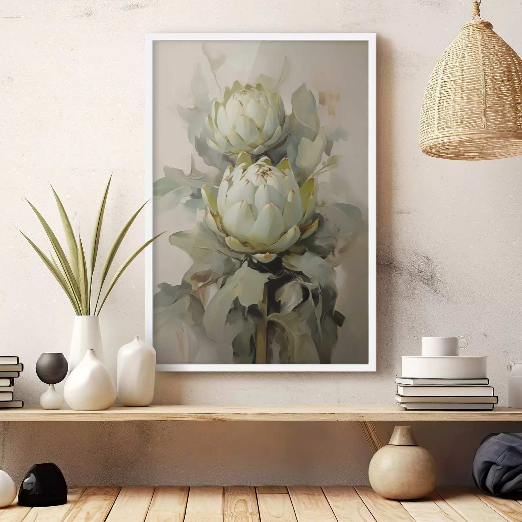Fototapete Malstil mehrerer weißer Protea-Blüten mit großen grünen Blättern vor hellem Hintergrund f47862