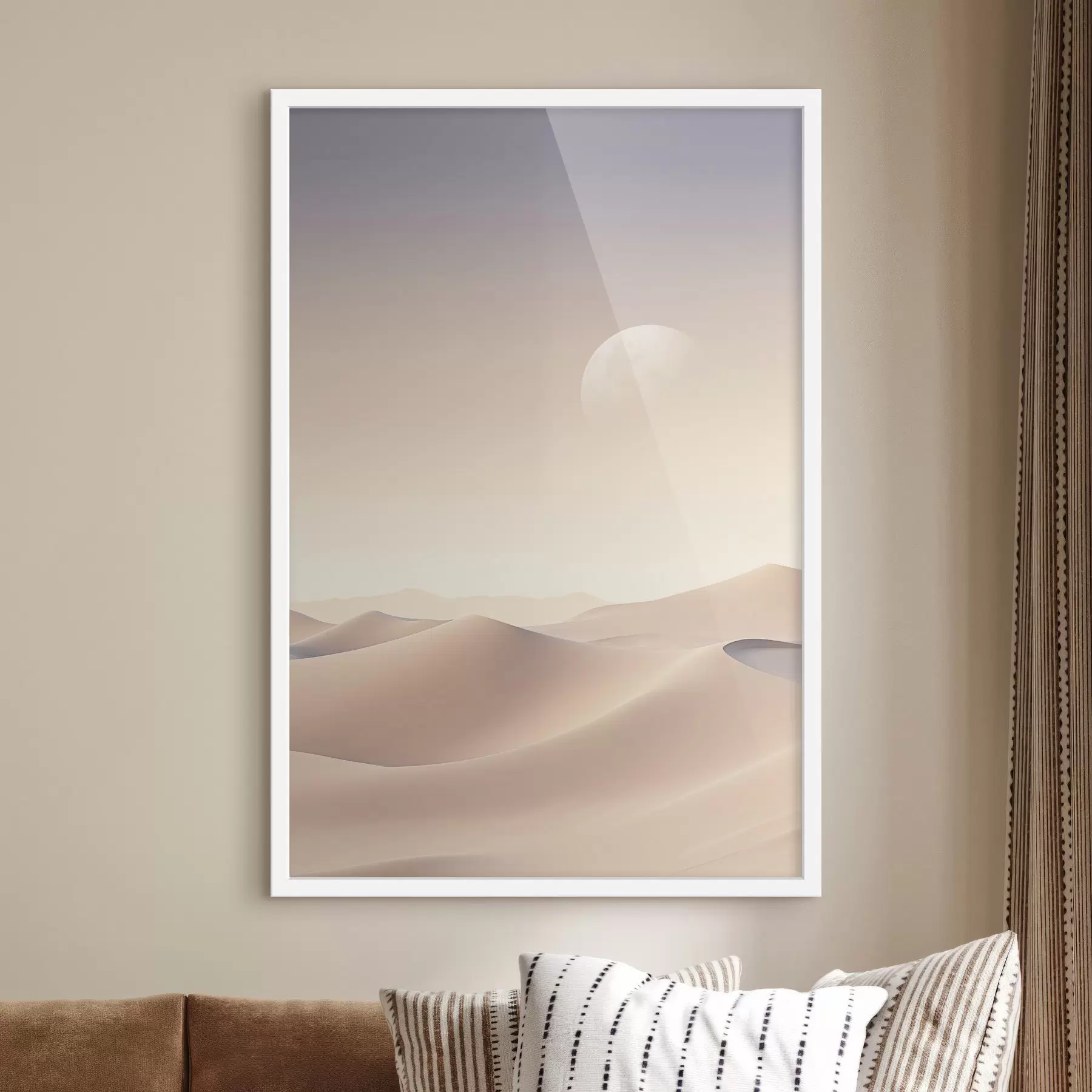 Fototapete Eine Wüstenlandschaft mit sanften Sanddünen unter einem zarten Pastellhimmel, im Hintergrund entfernte Berge. f47866