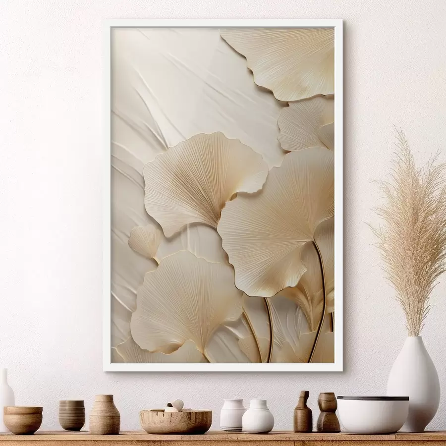 Fototapete Abstrakte Ginkgoblätter vor einem strukturierten, hellen Hintergrund, elegante und abstrakte Komposition f47867