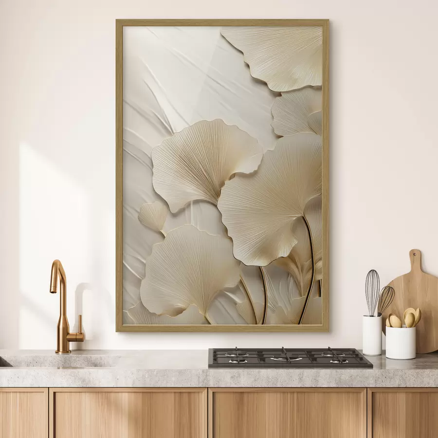 Fototapete Abstrakte Ginkgoblätter vor einem strukturierten, hellen Hintergrund, elegante und abstrakte Komposition f47867