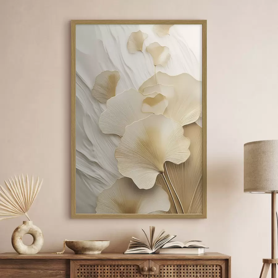 Fototapete Abstrakte Ginkgoblätter vor einem strukturierten, hellen Hintergrund, elegante und abstrakte Komposition f47868