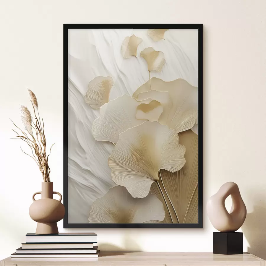 Fototapete Abstrakte Ginkgoblätter vor einem strukturierten, hellen Hintergrund, elegante und abstrakte Komposition f47868