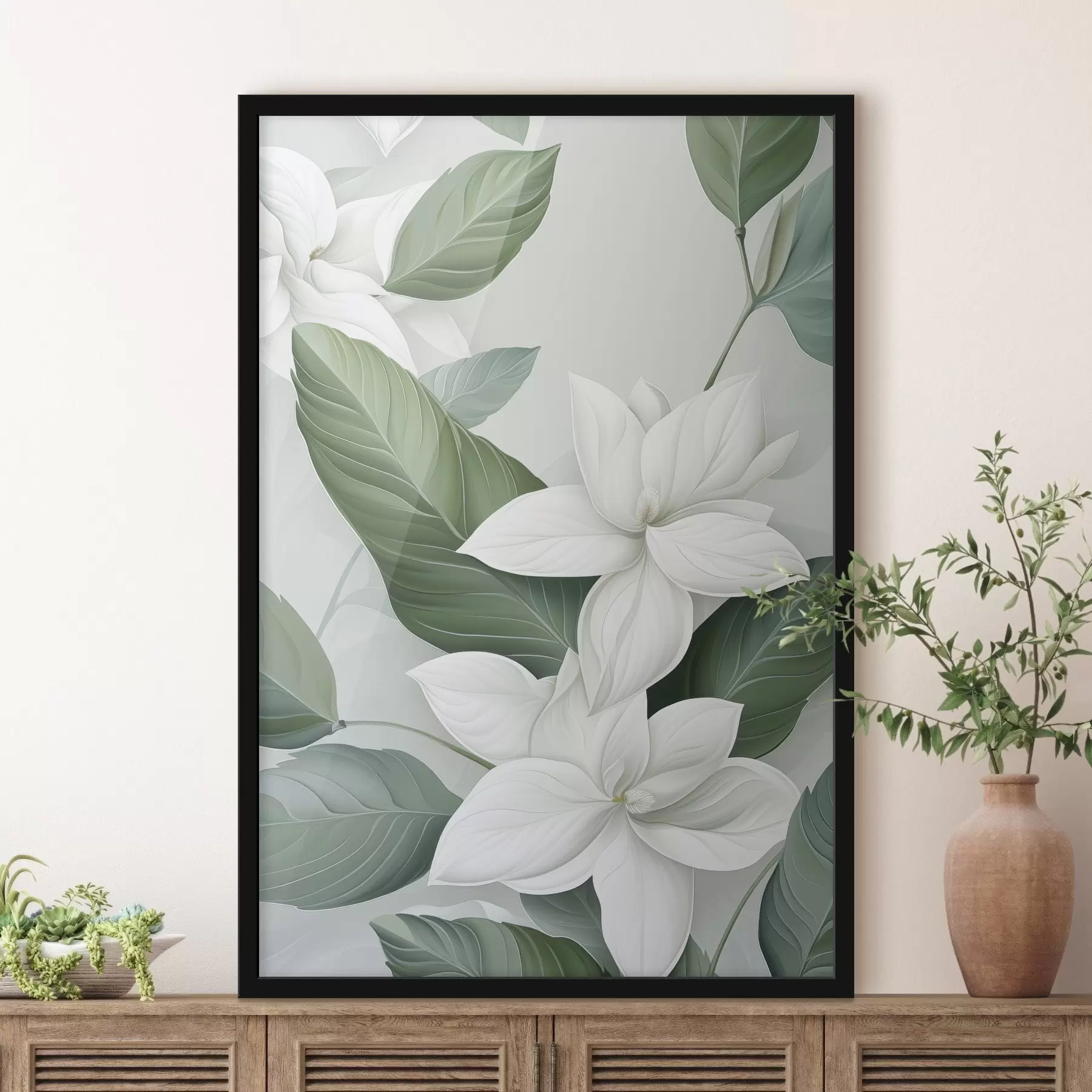 Fototapete Weiße Blumen mit grünen Blättern, pastellfarbener Hintergrund f47869