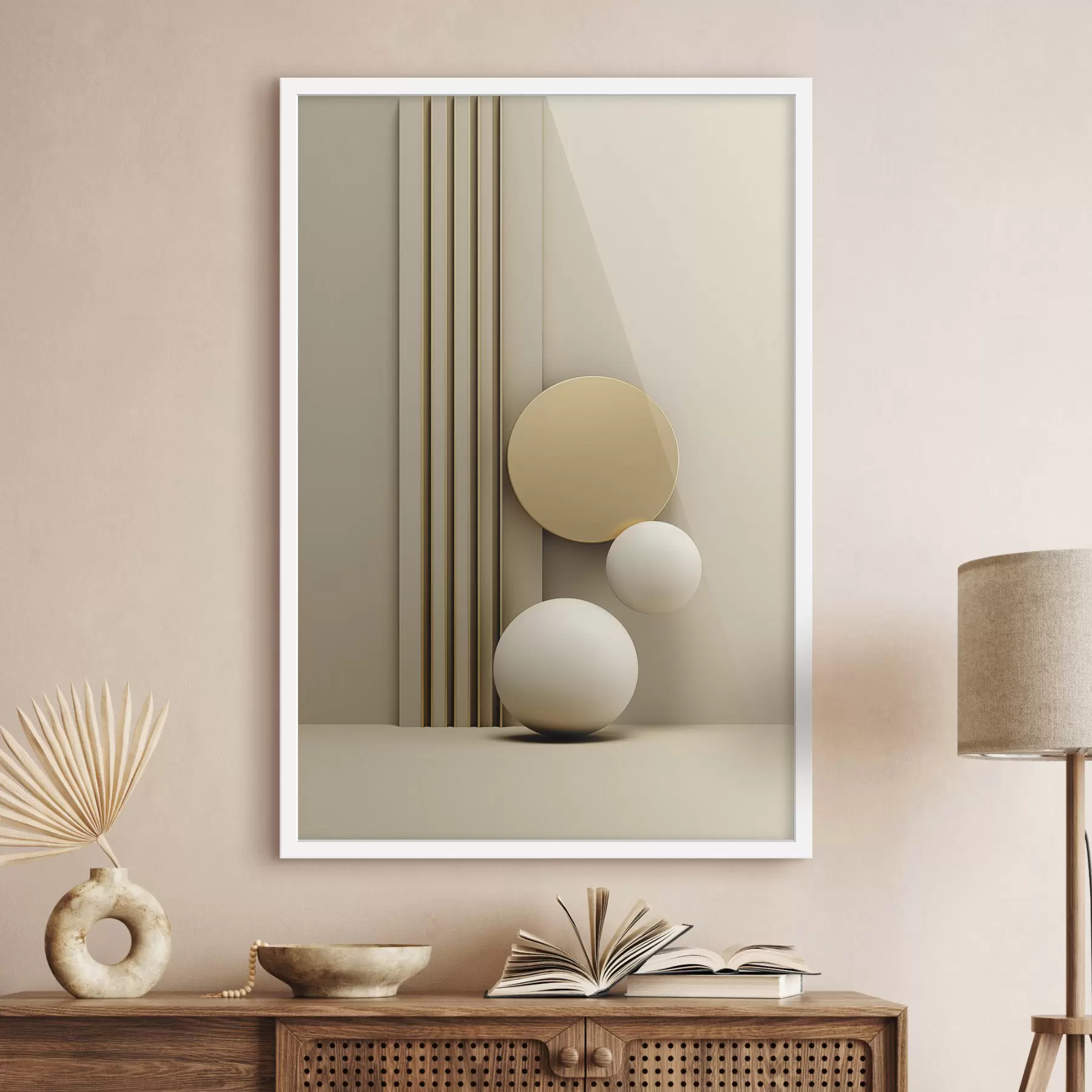 Fototapete Abstrakte beige moderne Kunst mit vertikalen Linien und Kugeln f47871