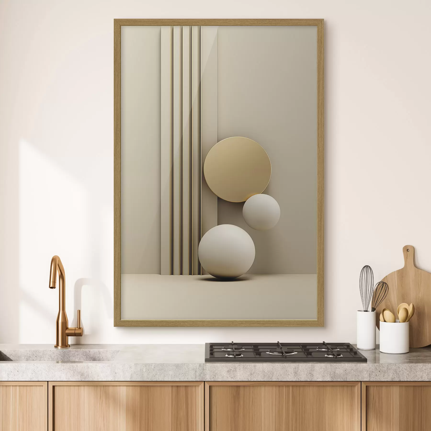 Fototapete Abstrakte beige moderne Kunst mit vertikalen Linien und Kugeln f47871
