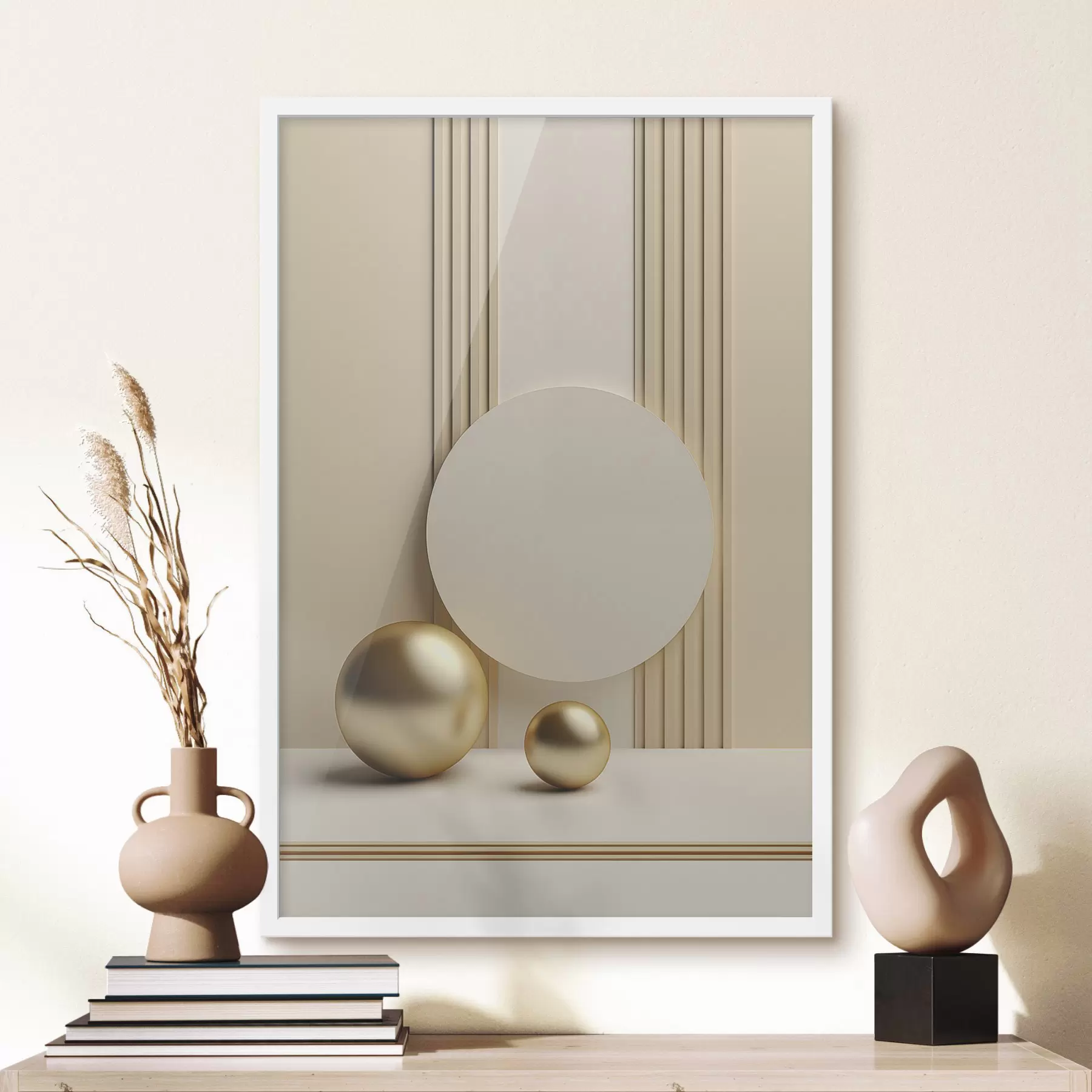 Fototapete Abstrakte beige moderne Kunst mit vertikalen Linien und Kugeln f47872