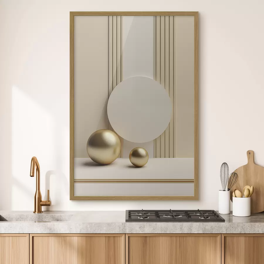 Fototapete Abstrakte beige moderne Kunst mit vertikalen Linien und Kugeln f47872