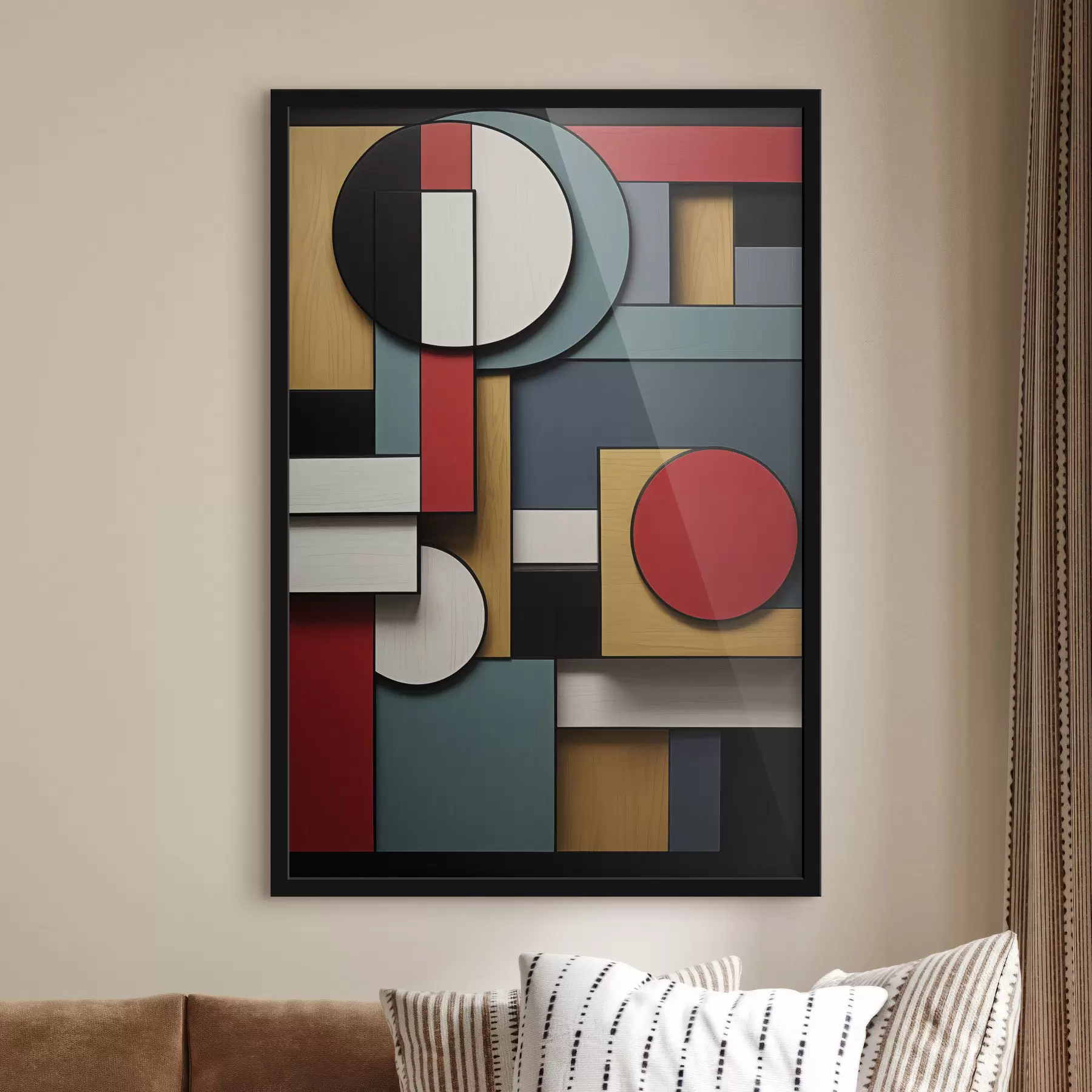 Fototapete Abstrakte geometrische Komposition mit Holzstrukturimitation, roten, schwarzen, weißen und blaugrünen Rechtecken und Kreisen f47875