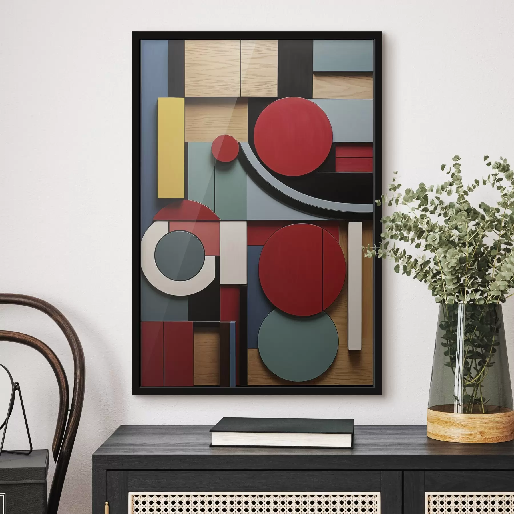 Fototapete Abstrakte geometrische Komposition mit Holzstrukturimitation, roten, schwarzen, weißen und blaugrünen Rechtecken und Kreisen f47876