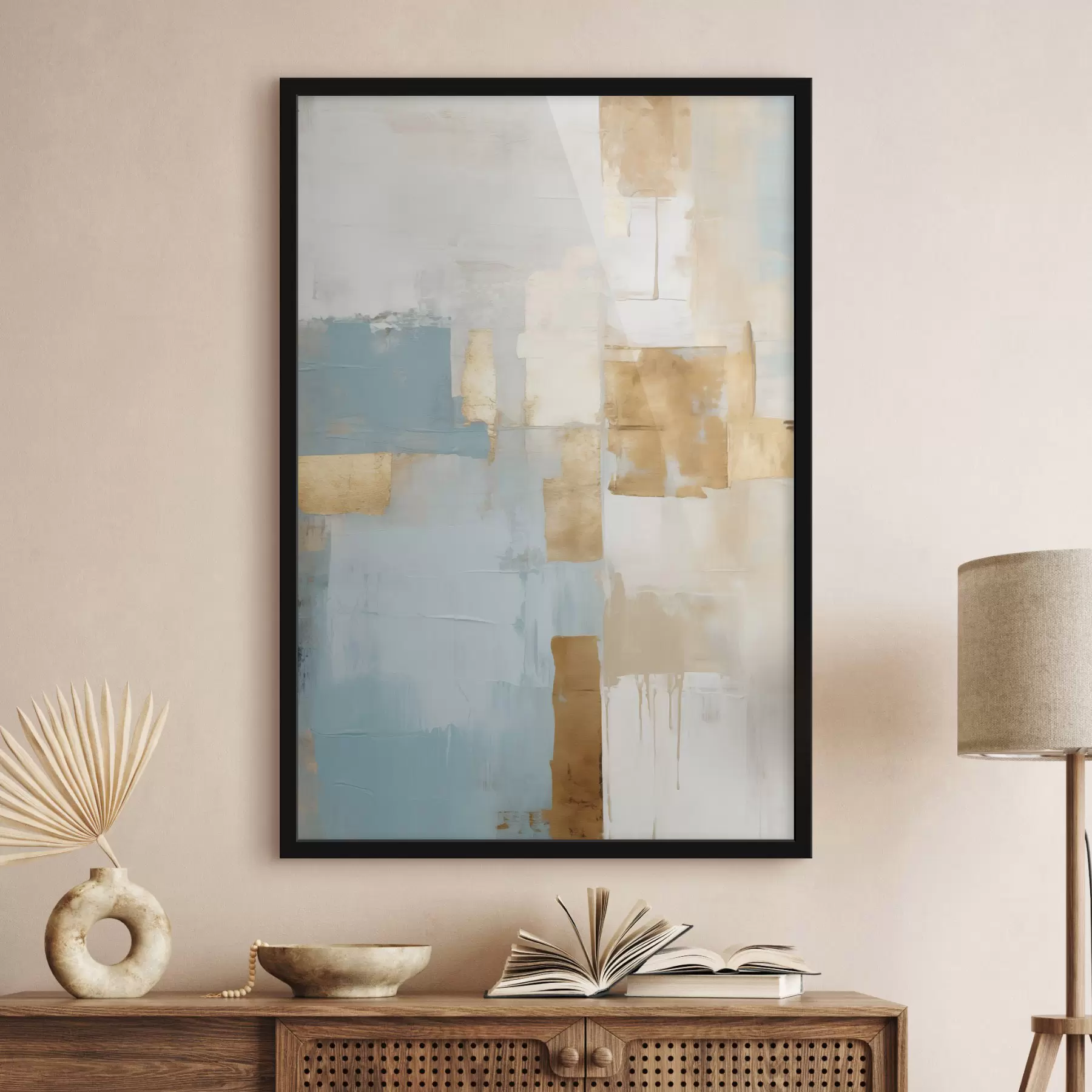 Fototapete Abstrakte geometrische Formen in Gelb, Blau und Weiß, strukturierte und minimalistische Komposition f47882