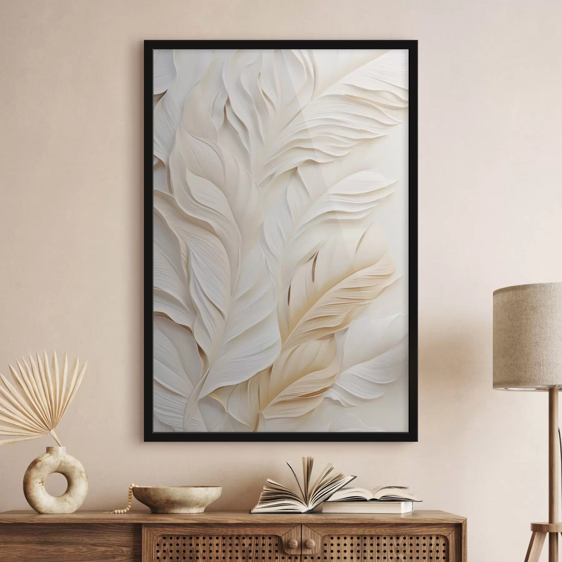 Fototapete Cremefarbene Federn, die sich überlappen, mit einem weichen, hellen Hintergrund f47884