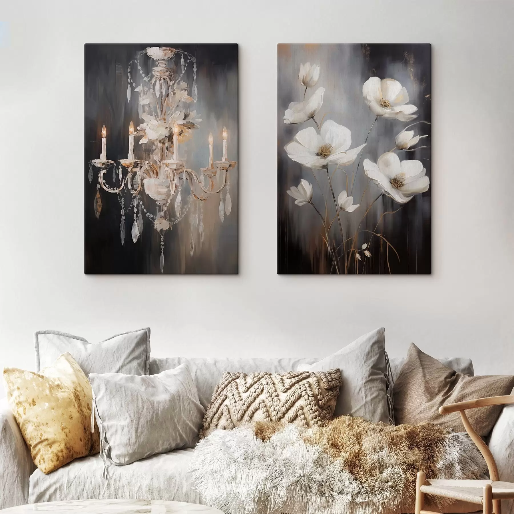 Fototapete Abstrakter, verzierter Kronleuchter mit brennenden Kerzen und Blumenkunst vor einem dunklen, strukturierten Hintergrund m30049