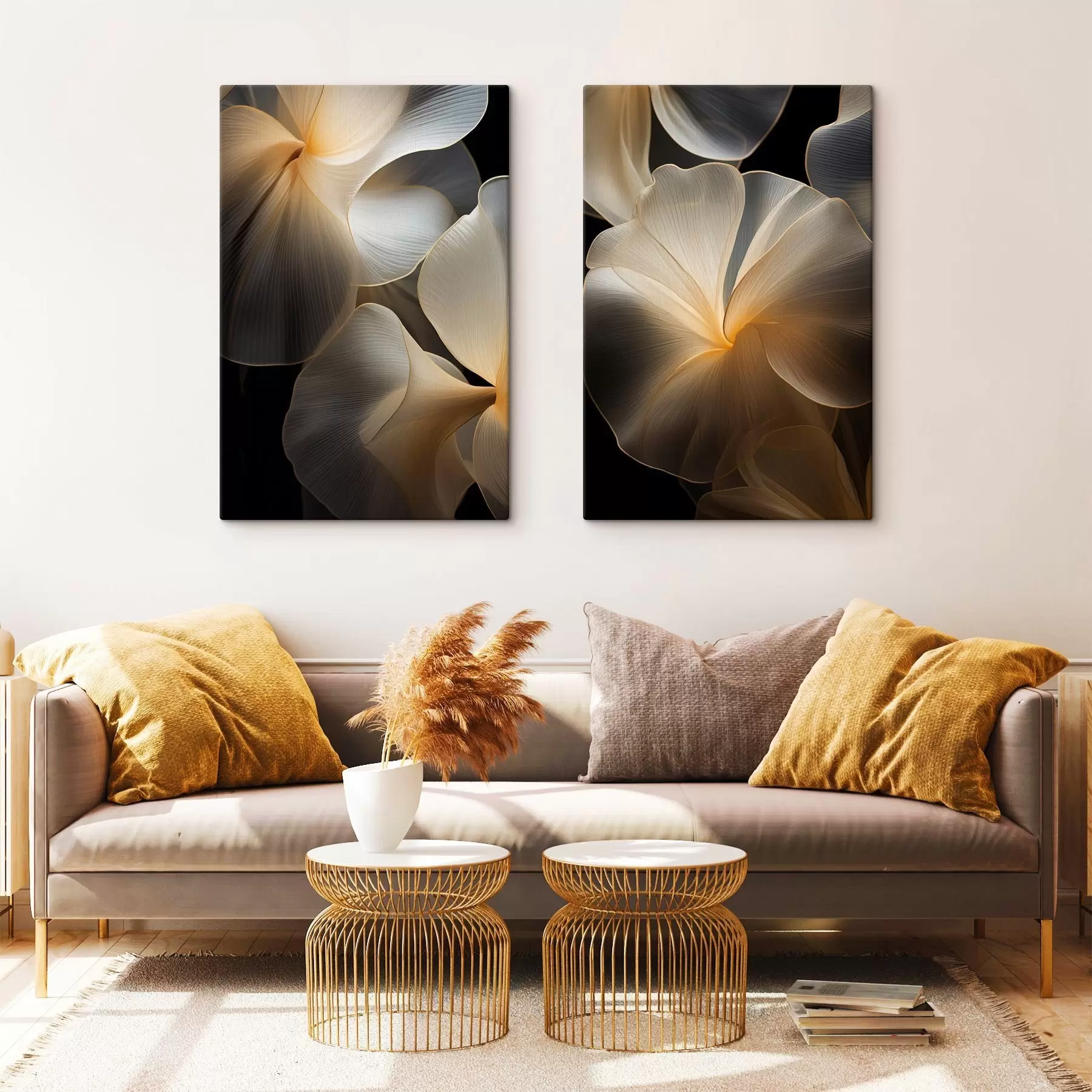 Fototapete Abstrakte, fließende, durchscheinende Blütenblätter mit zarten Linien vor einem dunklen Hintergrund m30050