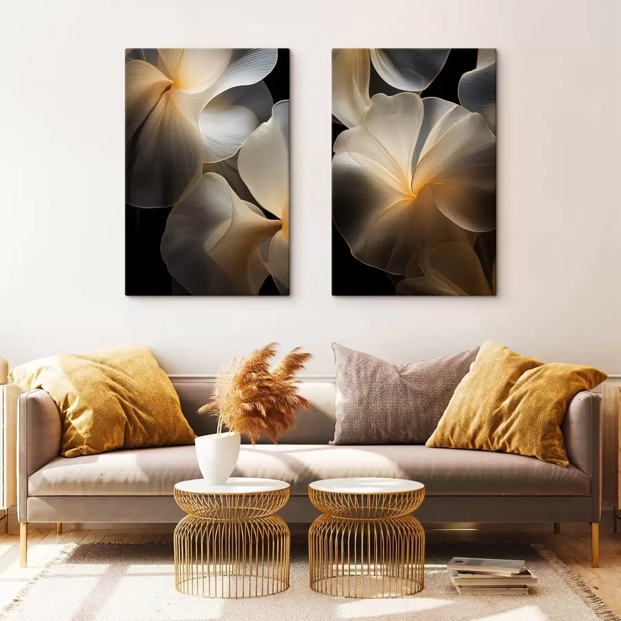 Fototapete Abstrakte, fließende, durchscheinende Blütenblätter mit zarten Linien vor einem dunklen Hintergrund m30050