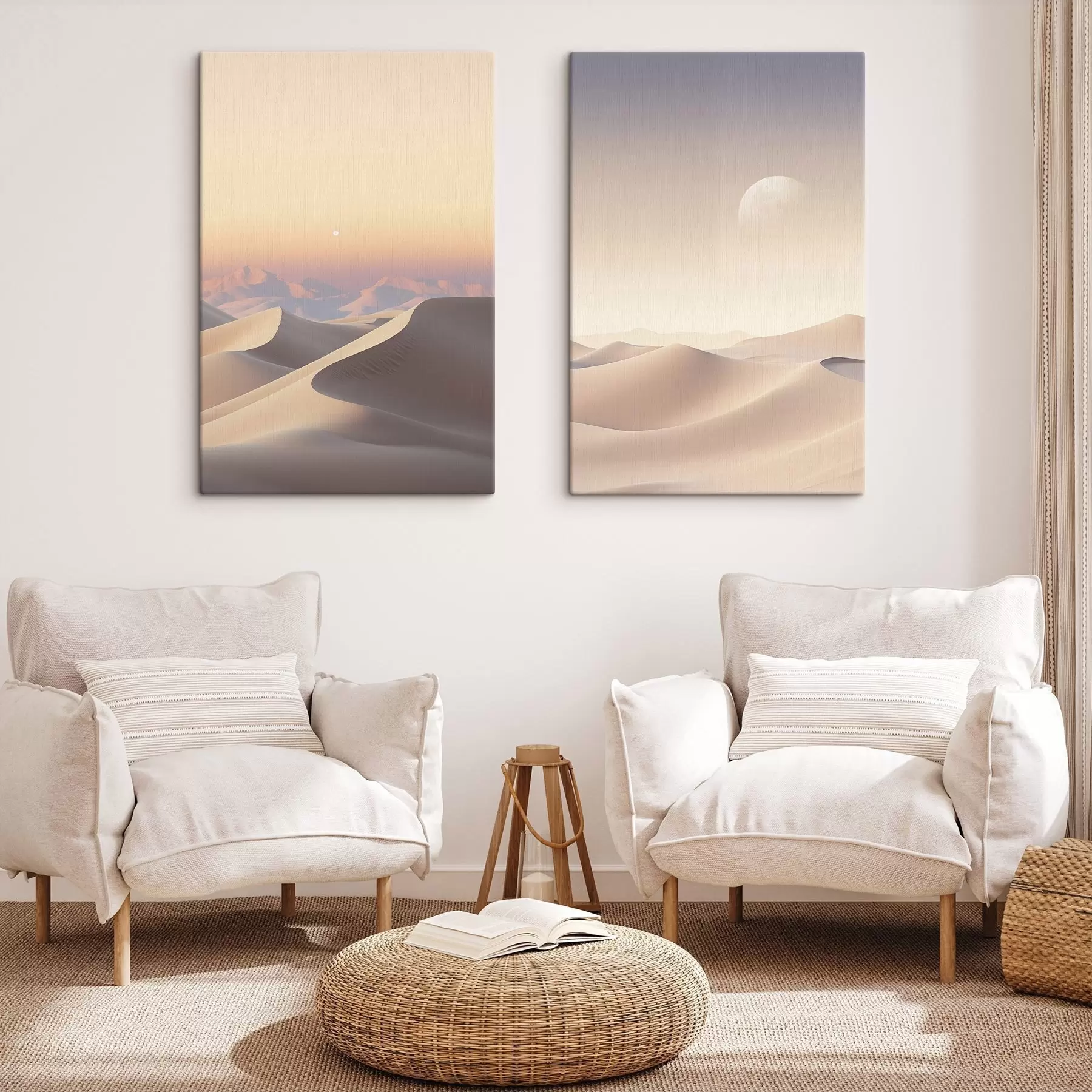 Fototapete Eine Wüstenlandschaft mit sanften Sanddünen unter einem zarten Pastellhimmel, im Hintergrund entfernte Berge. m30053