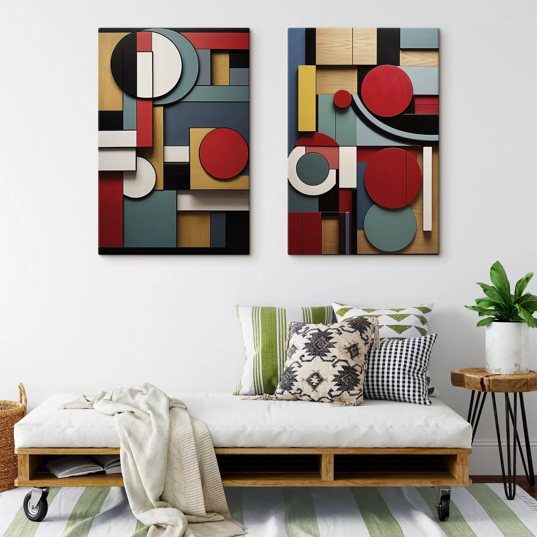 Fototapete Abstrakte geometrische Komposition mit Holzstrukturimitation, roten, schwarzen, weißen und blaugrünen Rechtecken und Kreisen m30058