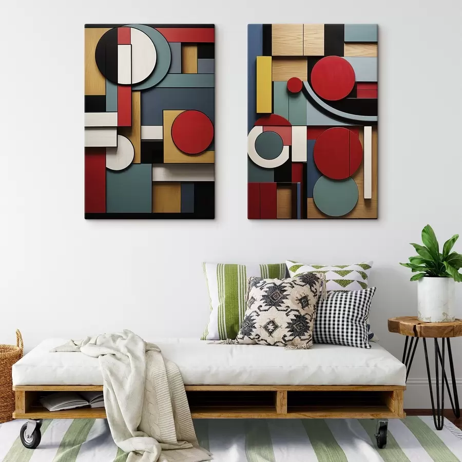 Fototapete Abstrakte geometrische Komposition mit Holzstrukturimitation, roten, schwarzen, weißen und blaugrünen Rechtecken und Kreisen m30058