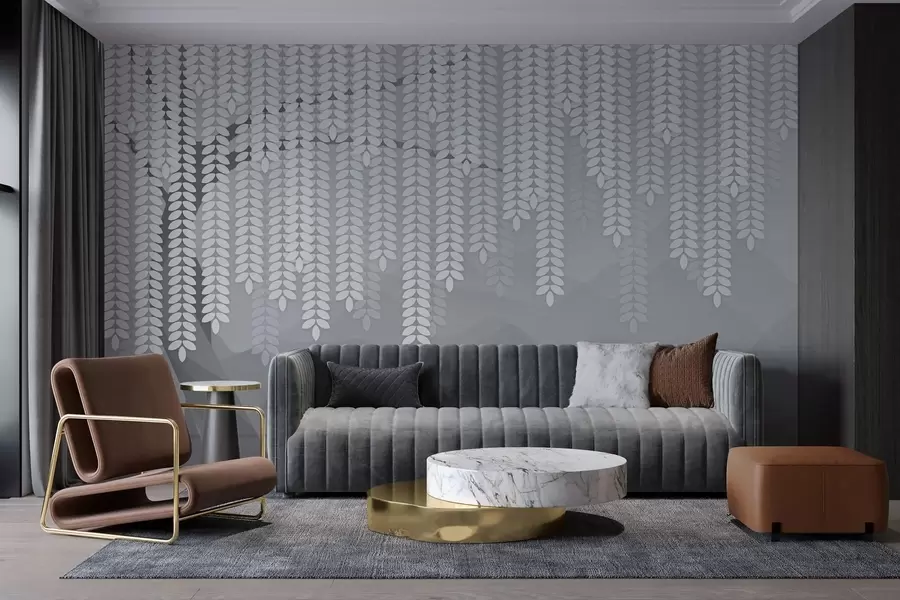 Fototapete Stilisierter Weidenbaum mit herabhängenden Blättern vor dem Hintergrund minimalistischer Berge in Grautönen w05232v3