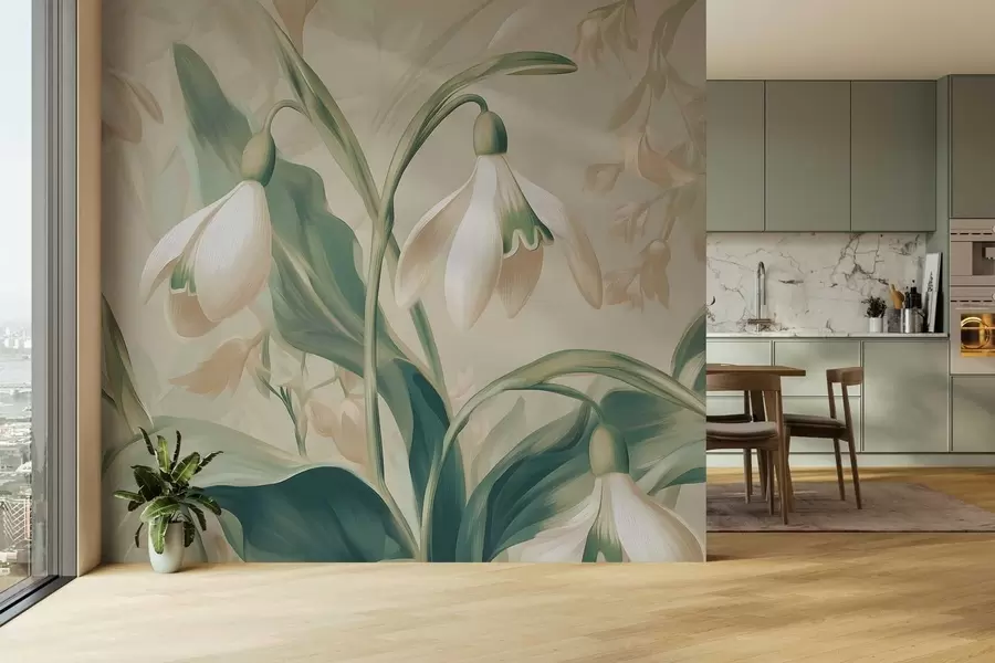 Fototapete blühende Schneeglöckchen auf beigem Hintergrund w05234