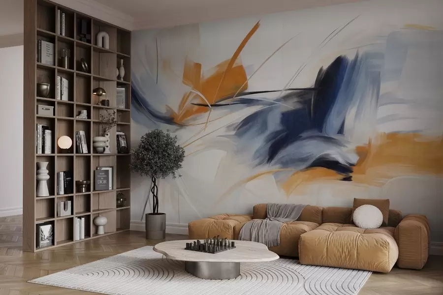 Fototapete Abstrakter Malstil mit orangefarbenen und blauen strukturierten Pinselstrichen w09755