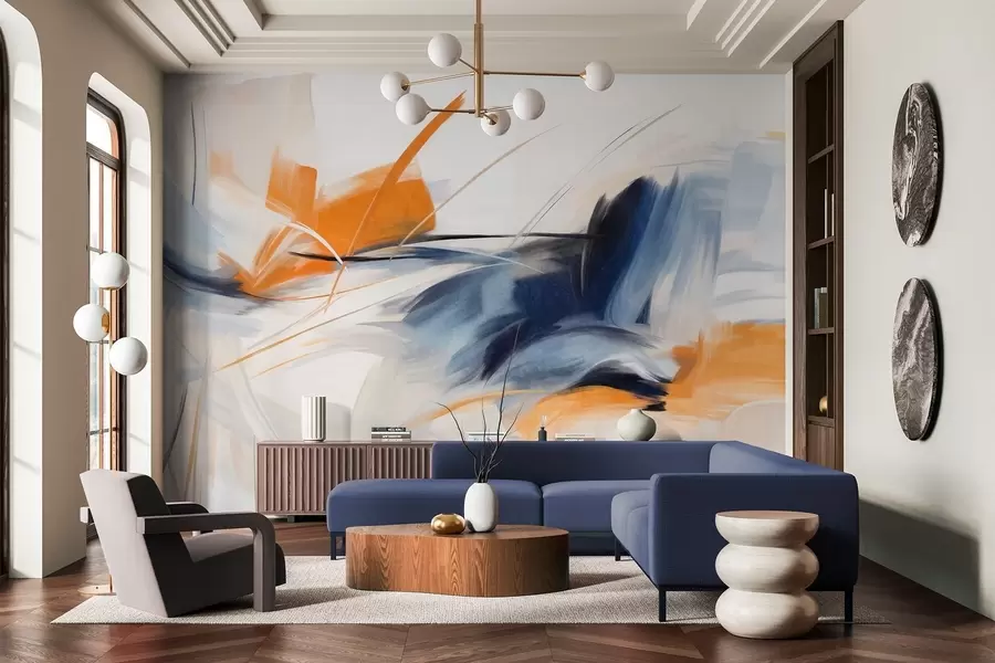 Fototapete Abstrakter Malstil mit orangefarbenen und blauen strukturierten Pinselstrichen w09755