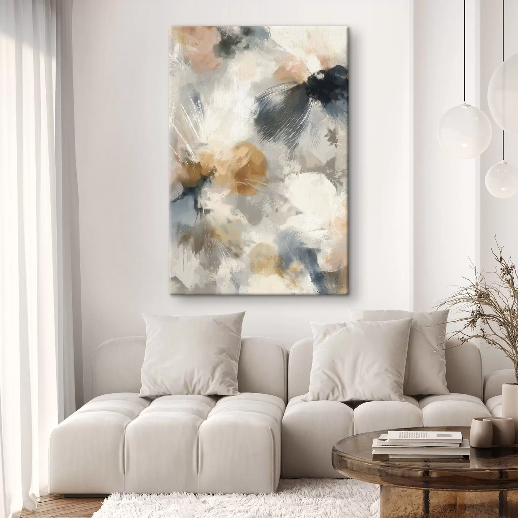 Fototapete Künstlerische Komposition mit großen Blumen und linearen Grafiken s47971