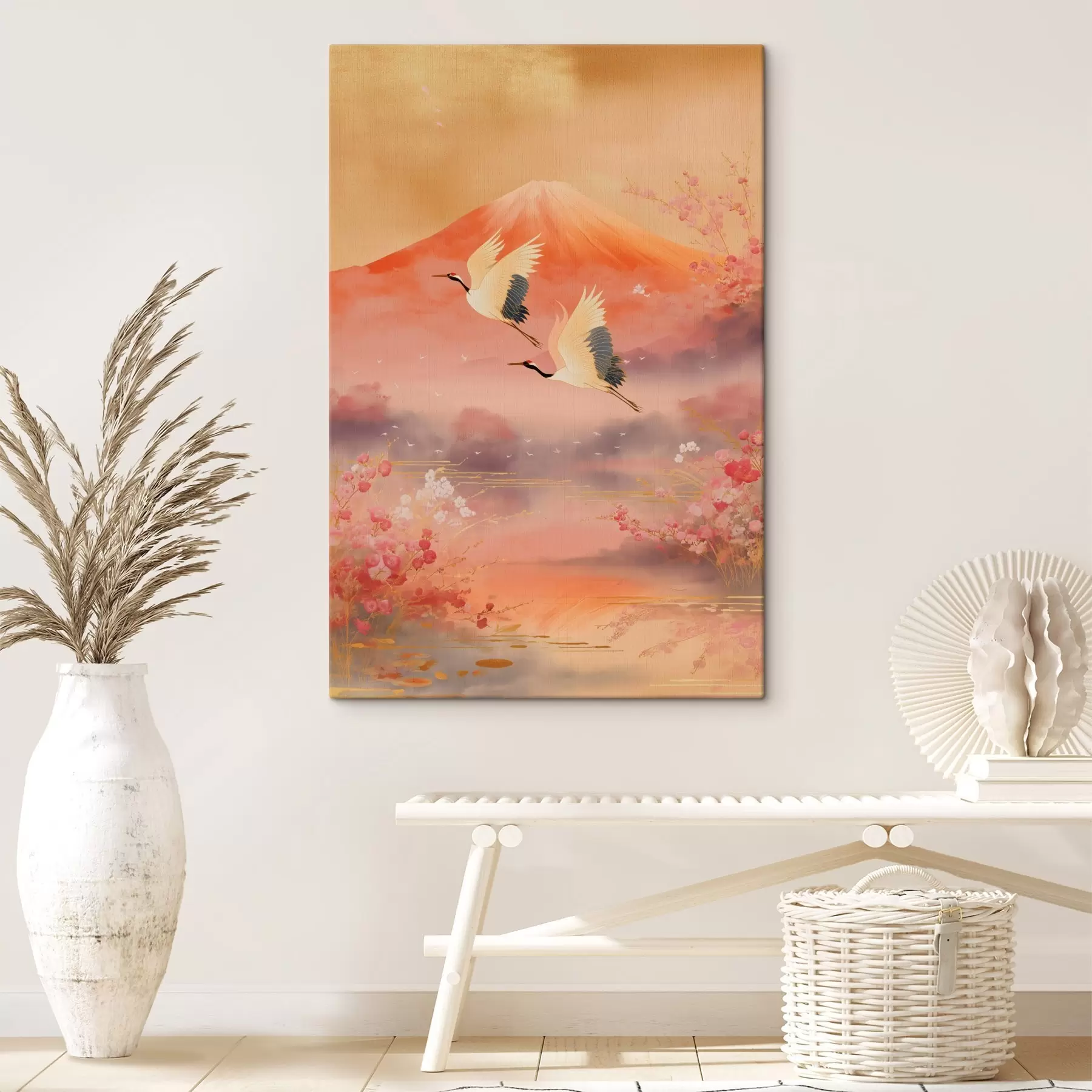 Fototapete Traditionelles orientalisches Motiv mit Kirschblüten und Kranichen s47991