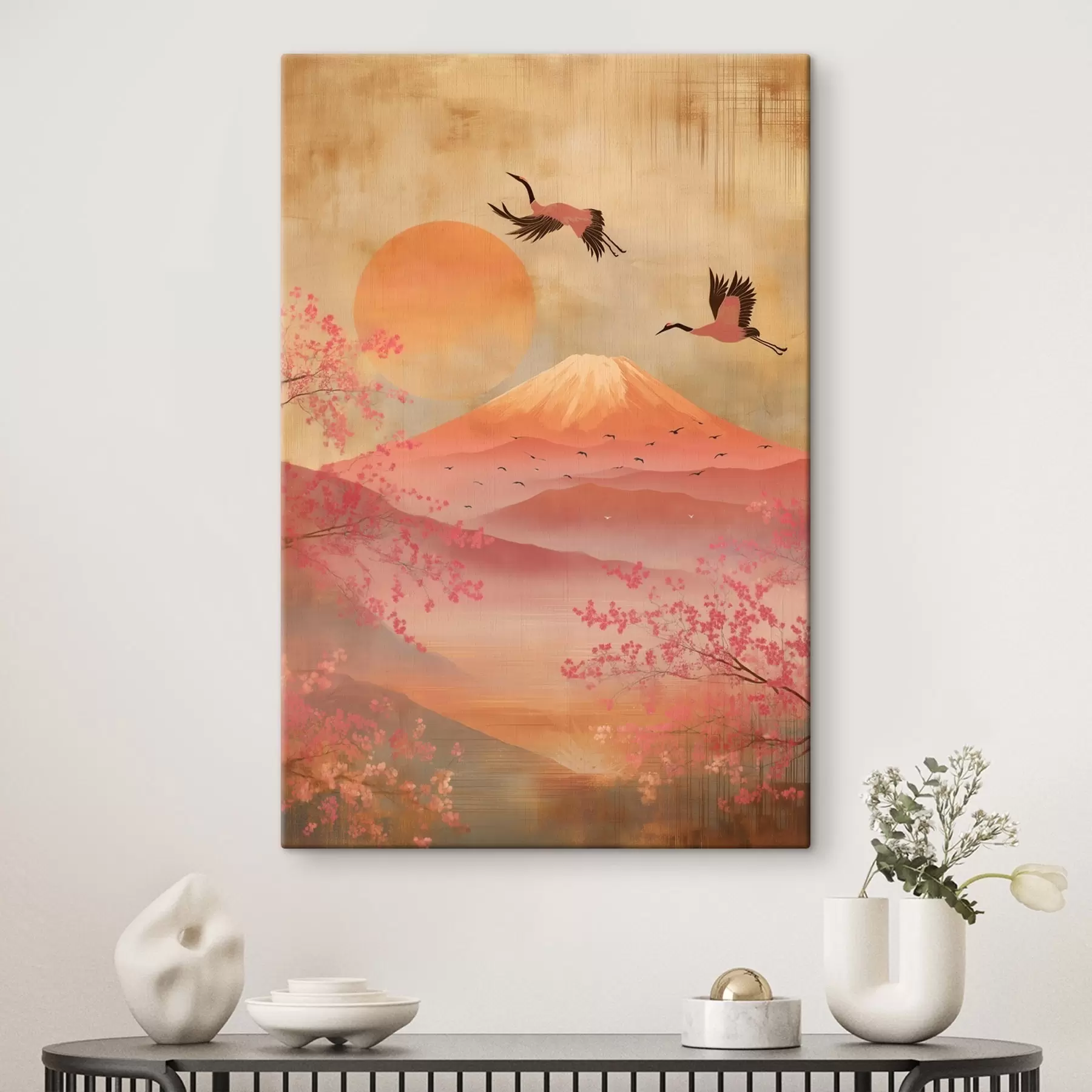 Fototapete Kräne vor der Sonne und den Bergen: Illustration im digitalen Kunststil s47992