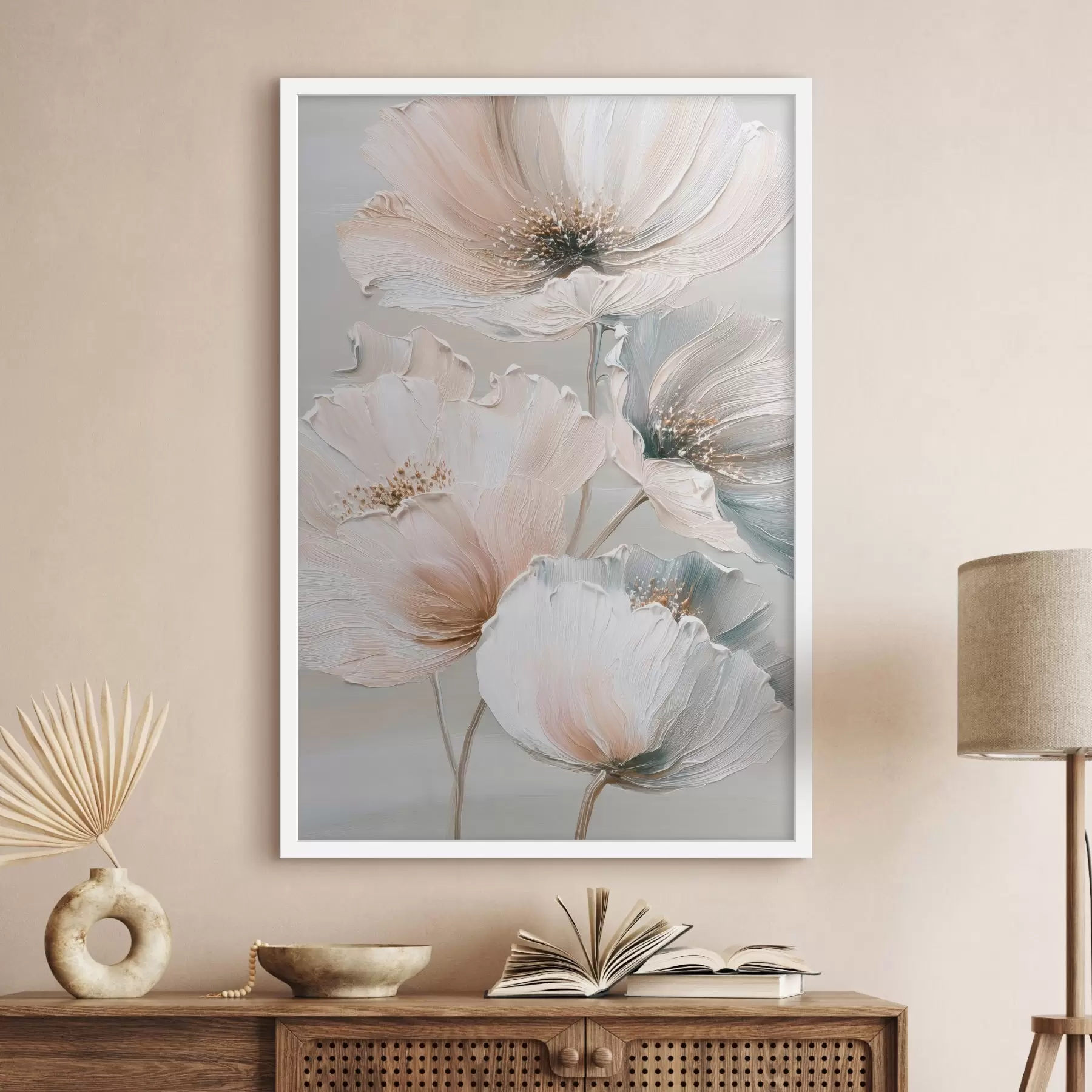 Fototapete Blumenkomposition mit strukturierten Pinselstrichen in einer beige-rosa Farbpalette f47961