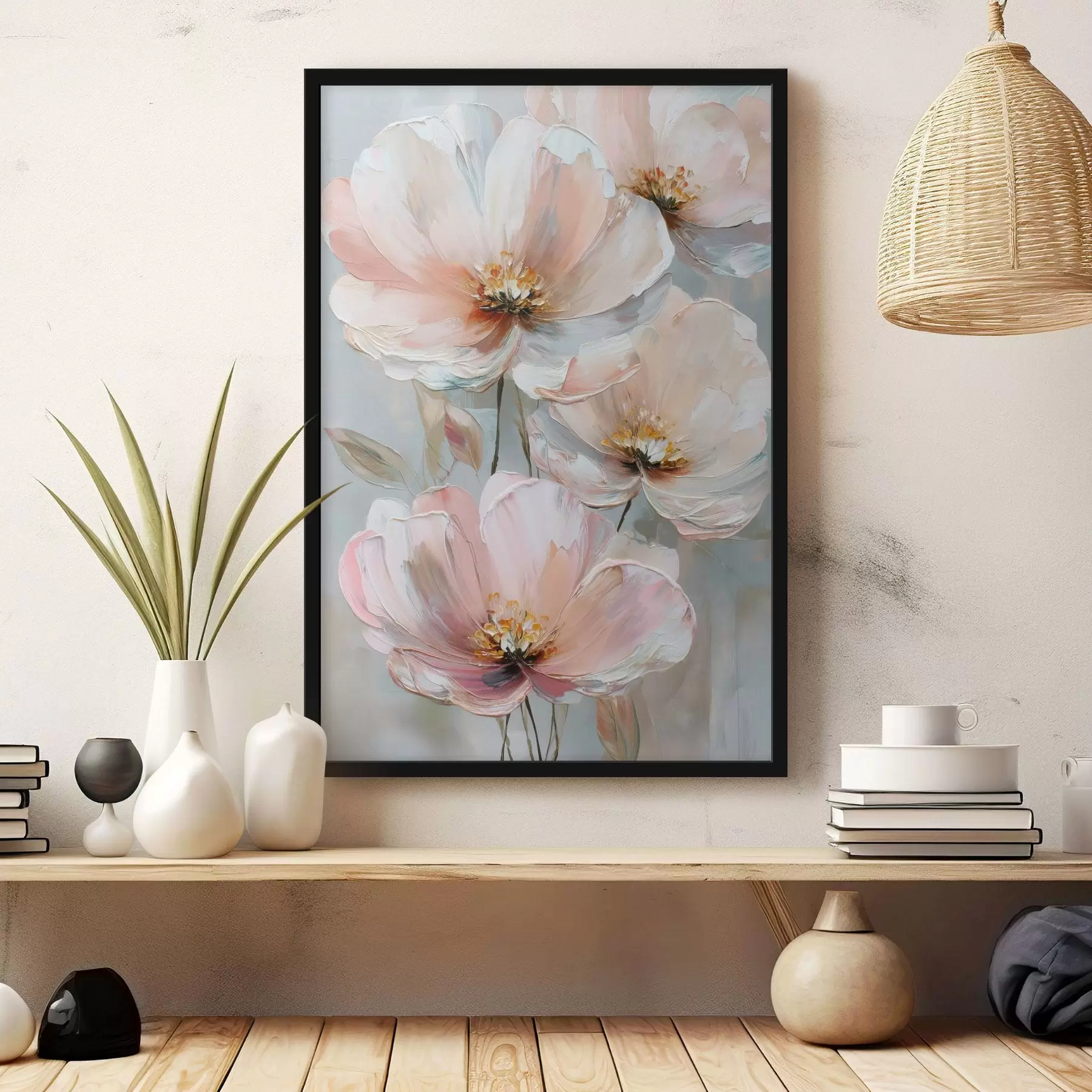 Fototapete Weiß-rosa Blüten mit ausdrucksstarken Pinselstrichen im Stil eines Ölgemäldes f47962