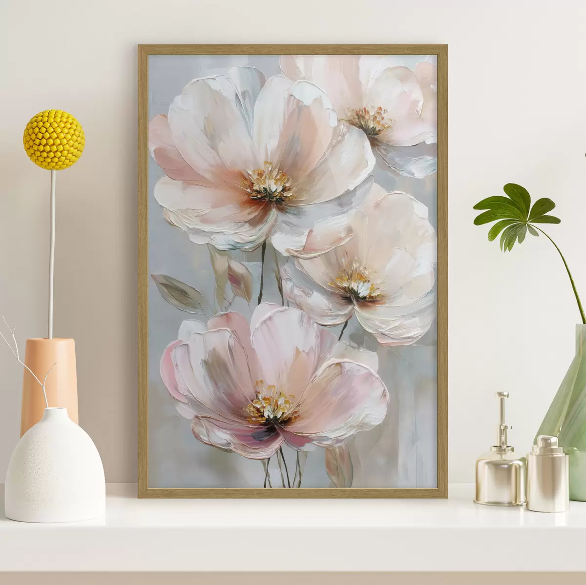 Poster Weiß-rosa Blüten mit ausdrucksstarken Pinselstrichen im Stil eines Ölgemäldes f47962