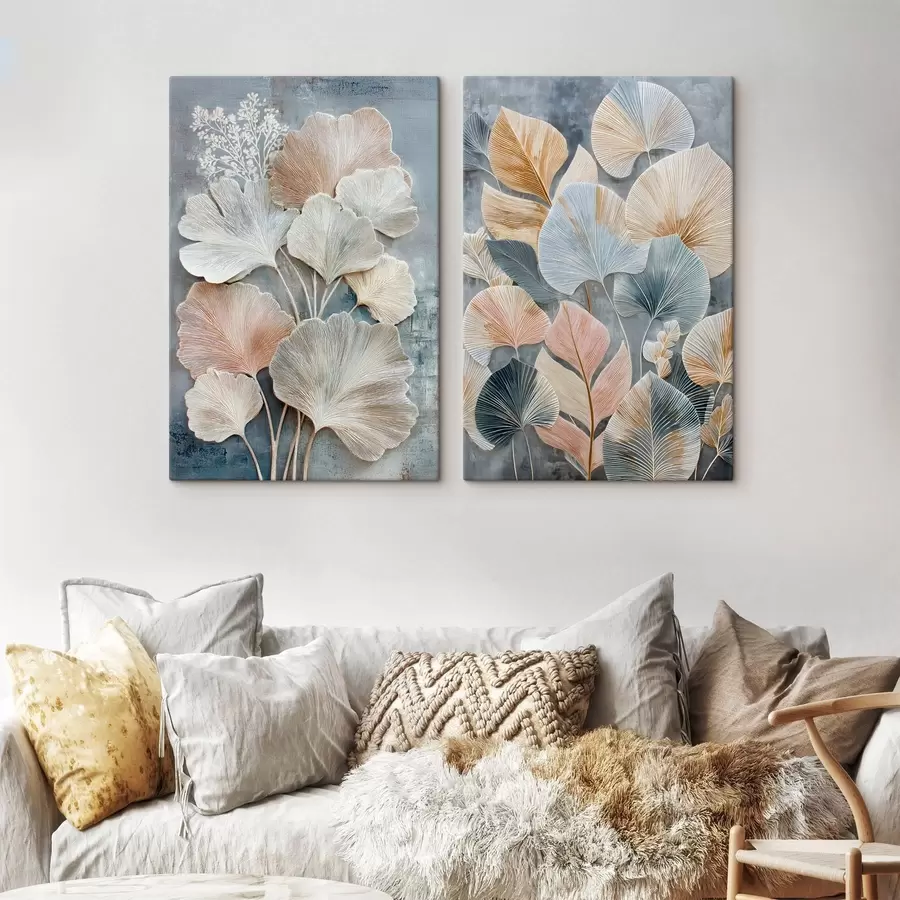 Fototapete Abstrakte Komposition mit dekorativem Blattwerk in einer grau-beigen Farbpalette m30030