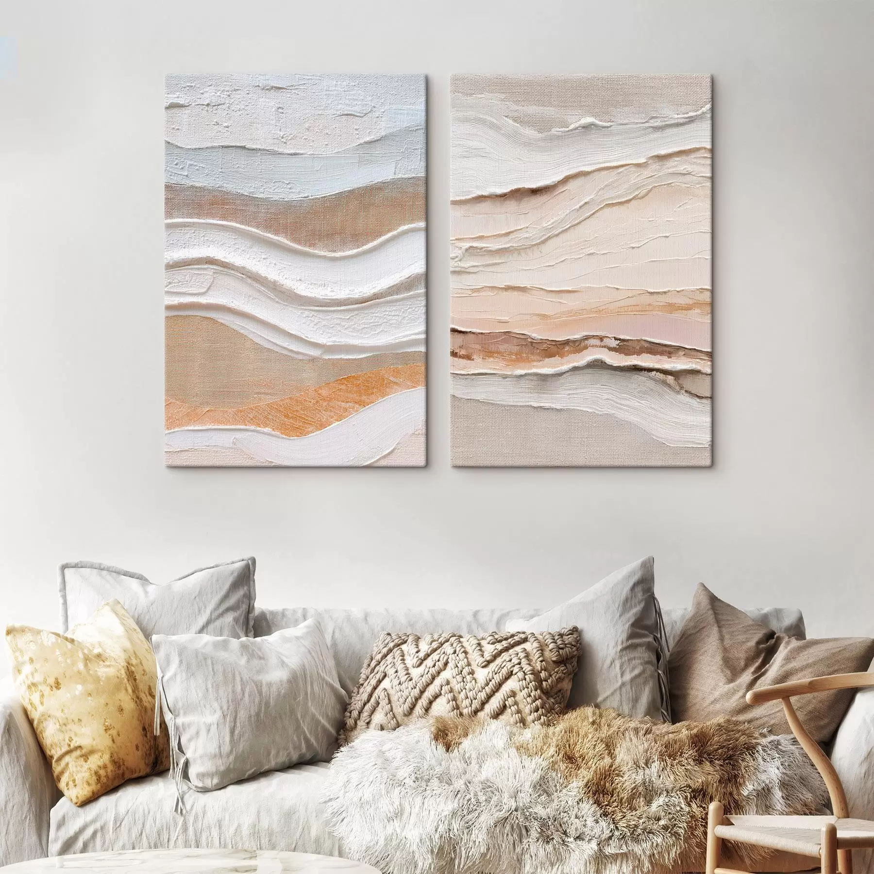 Fototapete Minimalistisches Diptychon mit strukturierten Wellen auf Leinenhintergrund m30031