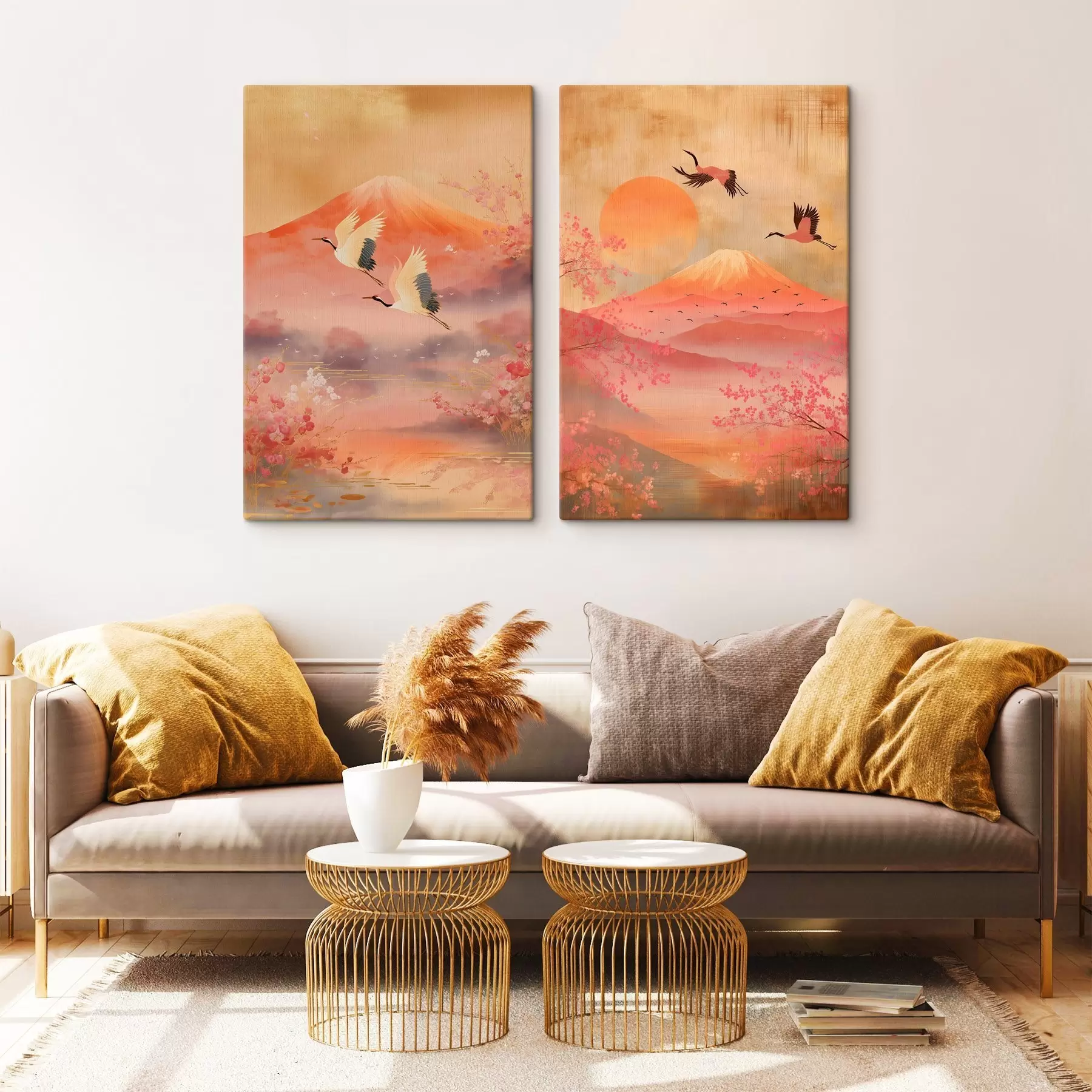 Fototapete Japanische Landschaft mit Kranichen und dem Berg Fuji in klassischem Illustrationsstil m30042