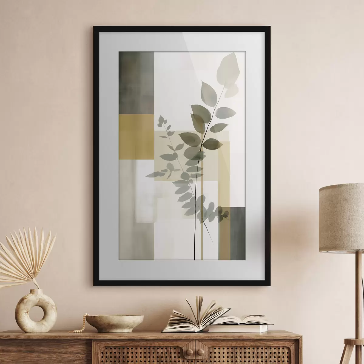 Poster Geometrische Abstraktion mit Zweigen und Blättern f48171