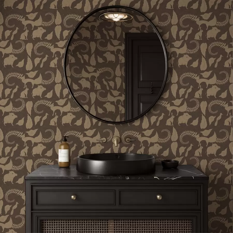 Fototapete Waldmuster mit Tieren auf braunem Hintergrund a01121