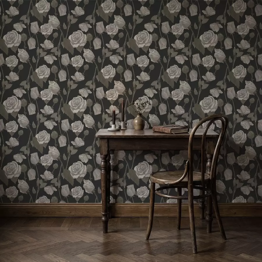 Fototapete Blumenmuster mit Rosen auf dunklem Hintergrund a01123