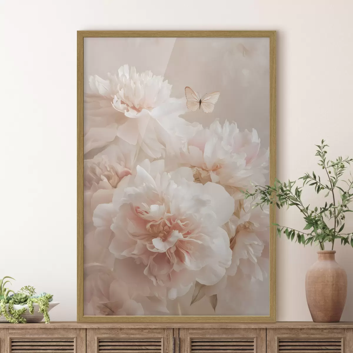 Poster üppige rosa Pfingstrosen mit einem Schmetterling f47954