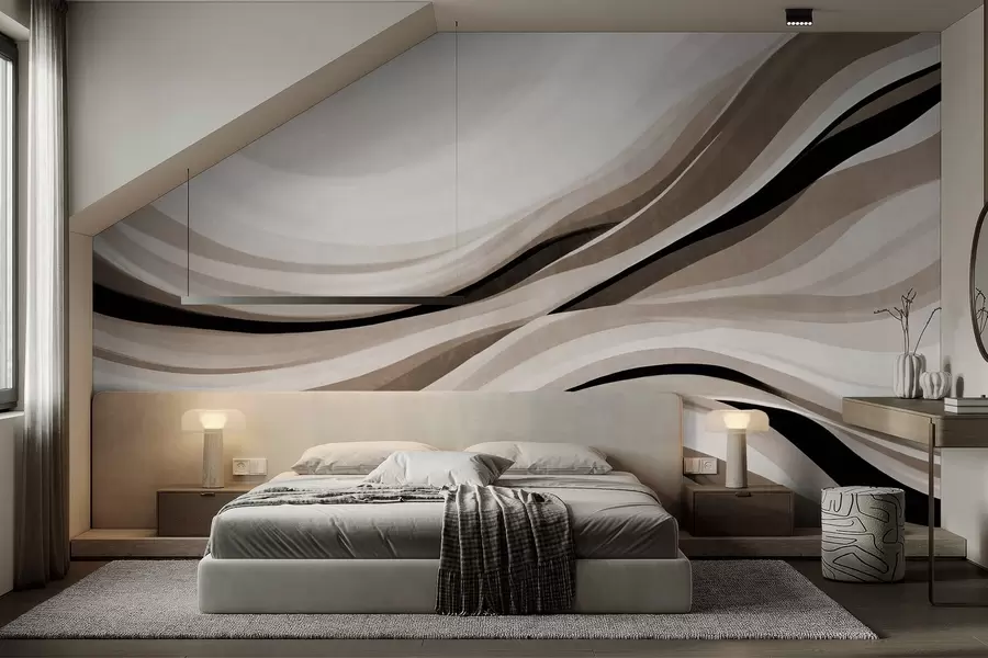 Fototapete Abstrakte Wellenlinien in Beige- und Schwarztönen vor hellem Hintergrund, strukturierte Kunst w09748