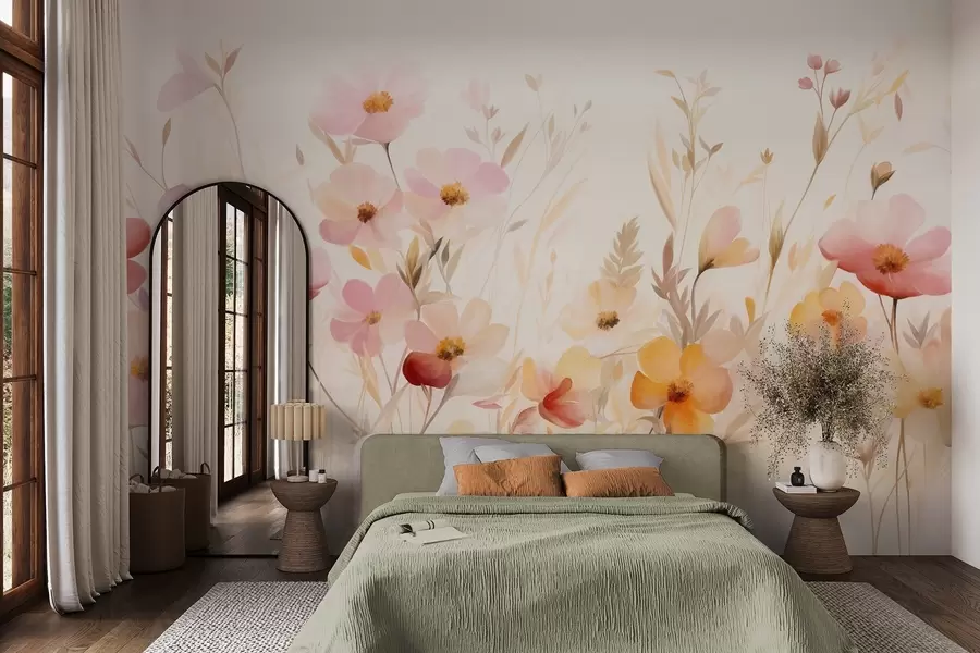 Fototapete Abstraktes Feld mit Wildblumen in Pastelltönen, Aquarellmalerei w09757