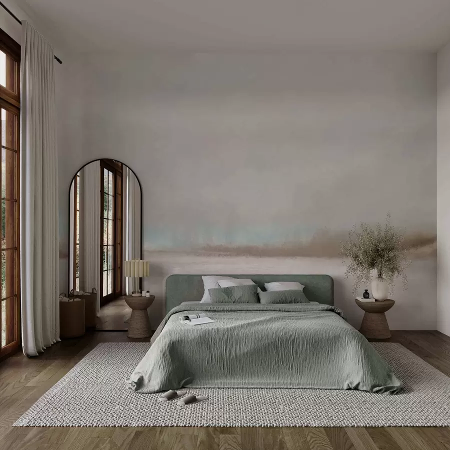 Fototapete Nebelverhangene Landschaft mit See und Wald w05319