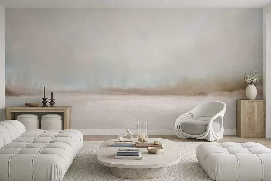 Fototapete Nebelverhangene Landschaft mit See und Wald w05319