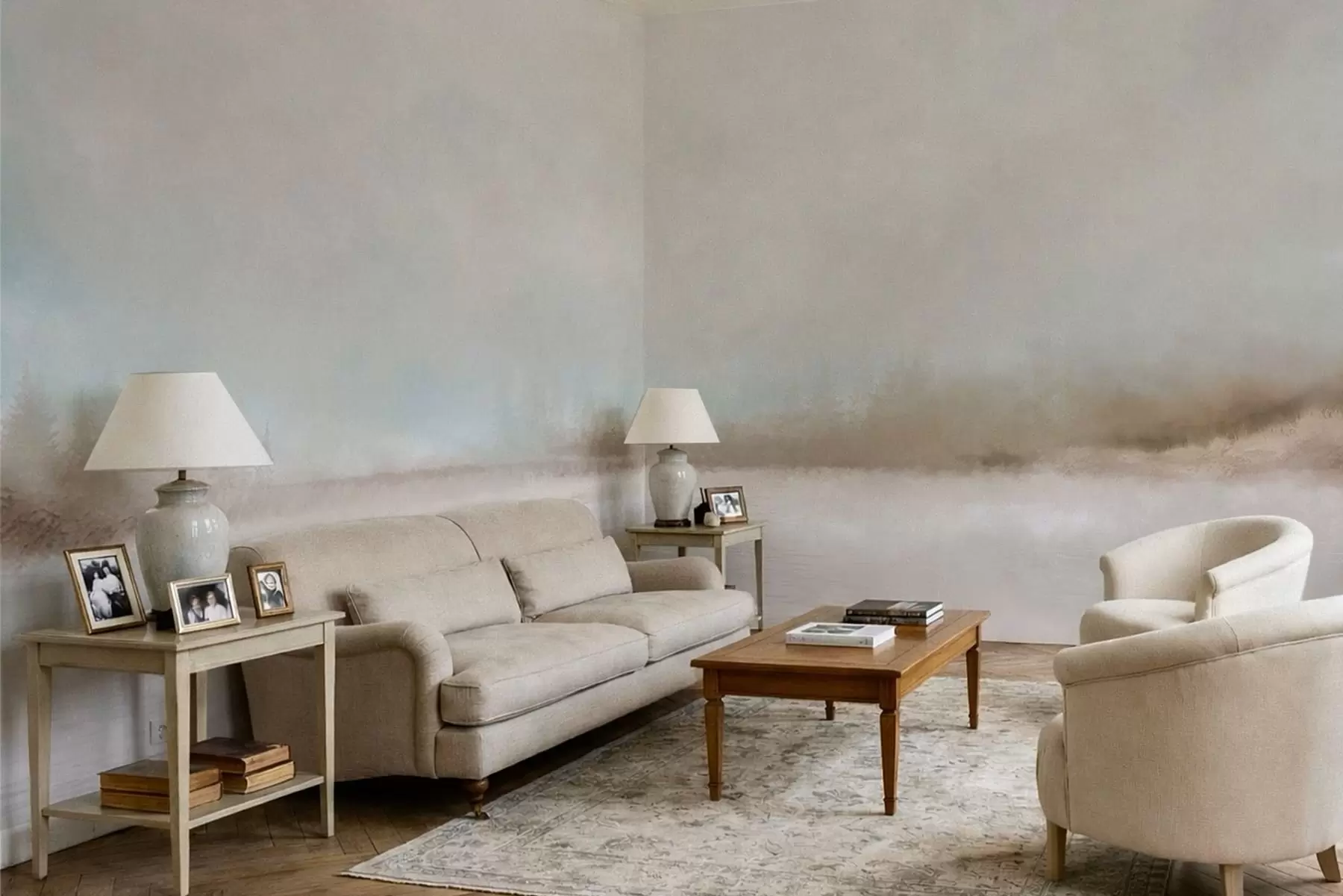 Fototapete Nebelverhangene Landschaft mit See und Wald w05319